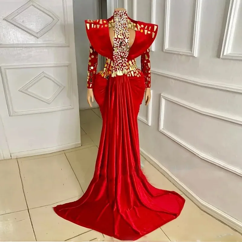 Robe de Soirée Élégante en Forme de Sirène pour Femme, Tenue Rouge à Paillettes, Perles, Manches sulf, Balayage Traîne, Bal de Promo, Arabie Saoudite