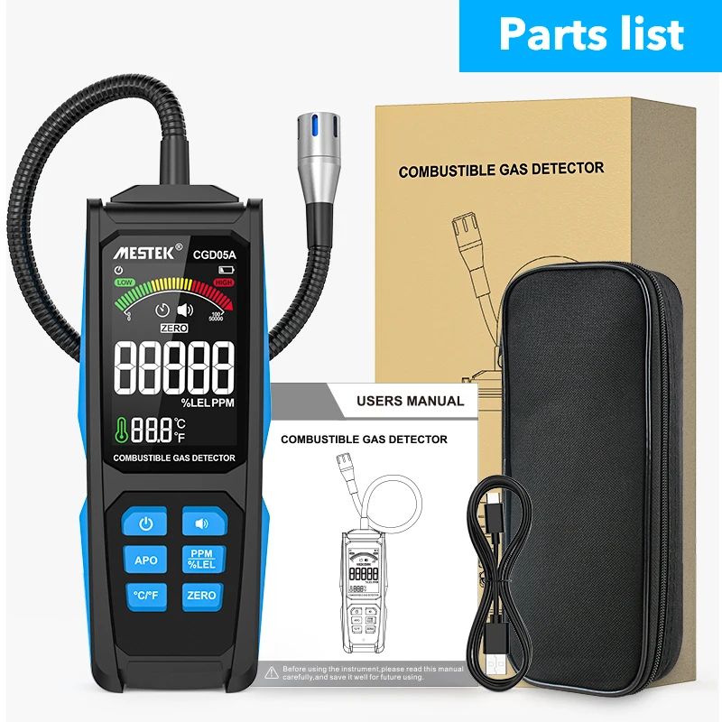 CGD05A Handheld Gas Leak Detector Charging PPM LEL VA Color Screen Gas Analyzer LPG Meter Triple Alarm Natural Gas Leak Meter