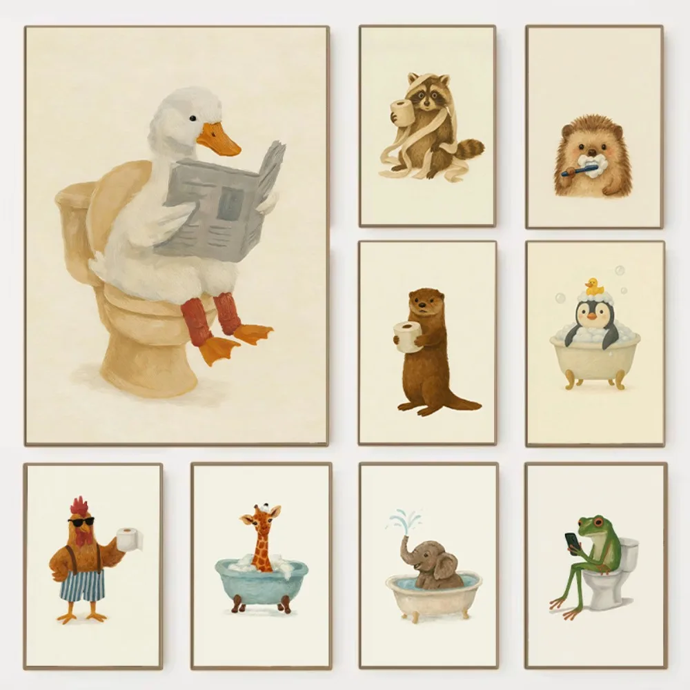 1pc frameless Canvas Painting Funny Otter Toilet Paper Duck Reading on Toilet Poster Raccoon Animal Wall Art Bathroom Canvas Pai