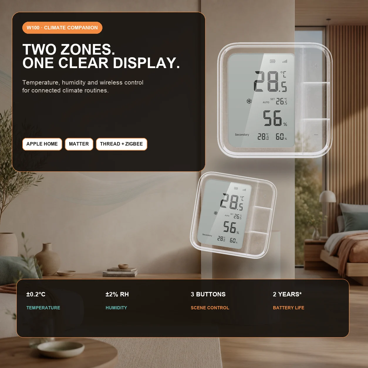 Smart Temperature Humidity Sensor W100 Apple Home Matter Thread Zigbee LCD Wireless Thermostat Controller Scene Switch
