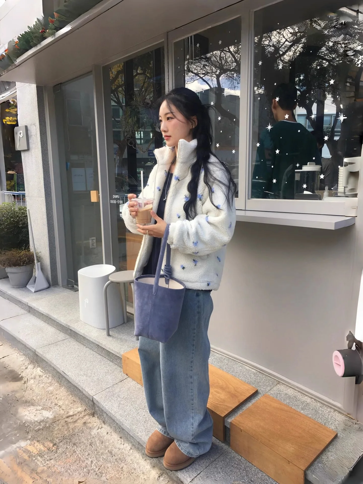 الرجعية Fre الوقوف طوق اللون بلو الأزهار فرو الضأن ort Jaet المرأة شتاء جديد سستة تنوعا القطن معطف تخفيف Sle