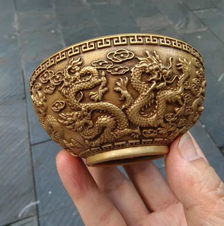 Латунное украшение для чаши Jiulong Tengyun, резные чаши, украшение в классическом стиле, украшение для дома, благоприятный