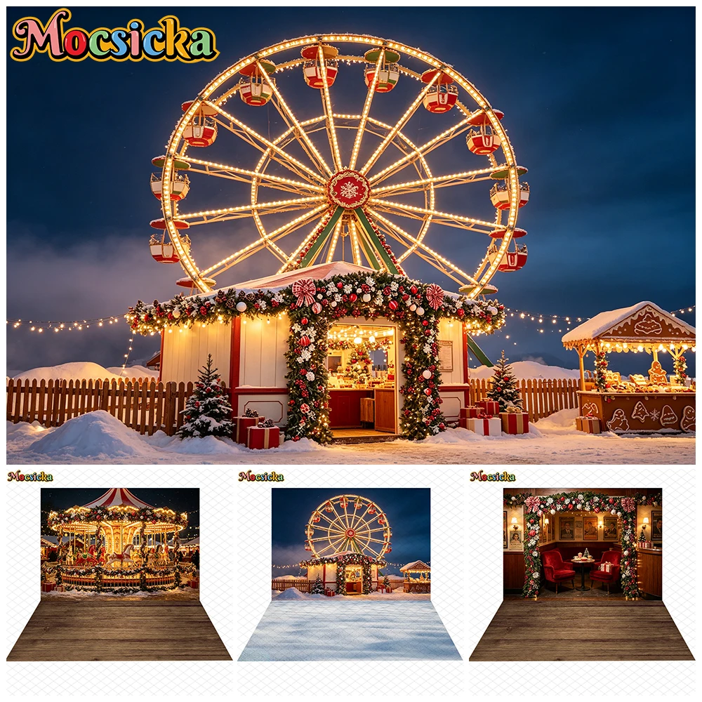 Mocsicka Christmas Photography Backdrop Ferris Wheel Playground Night Market Snowy House Lights Xmas Winter Kid Photo Background