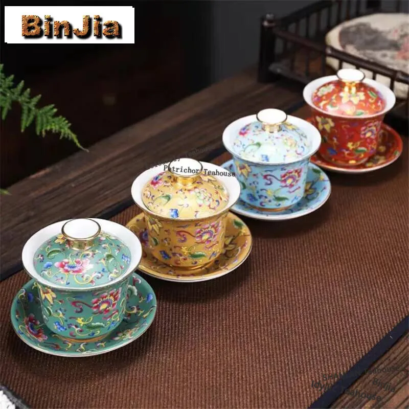 

160Ml Gaiwan Porcelain Enamel Color Hand Painted Ceramic Tea Tureen Teaware For Puer Pu'er Bowl Cup Saucer Lid Set Drinkware