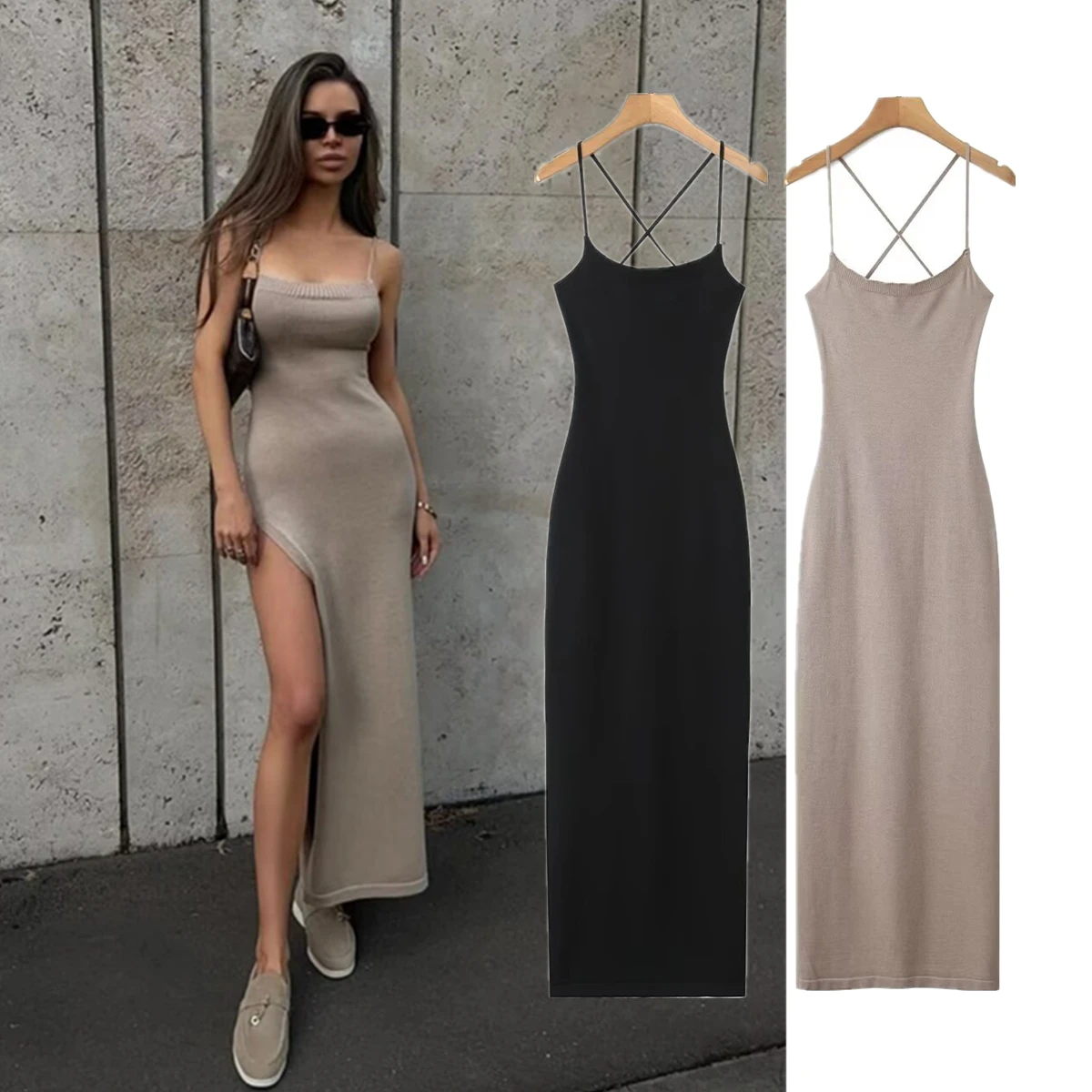 

Jenny&Dave French Fashion Blogger Dress Strapless Sexy Forking Backless Sheath Knitted Midi Dress Women