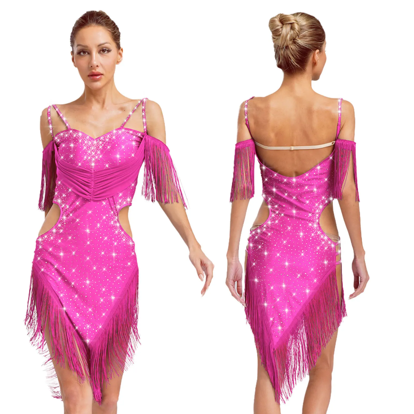 

Elegant Style Womens Latin Jazz Dance Dress Sexy Spaghetti Straps Fringe Rhinestones Leotard Dress for Cha-Cha Tango Performance