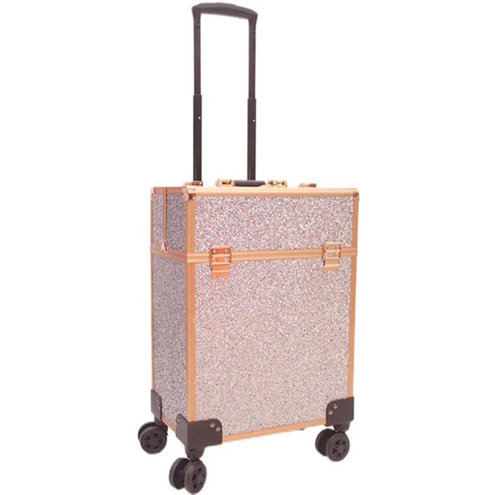 Beauty Hair Eyelashes Embroidery Cosmetic Box Suitcase Toolbox Trolley Case Travel Luggage Bag Aluminum Frame Rolling Wheel Pack