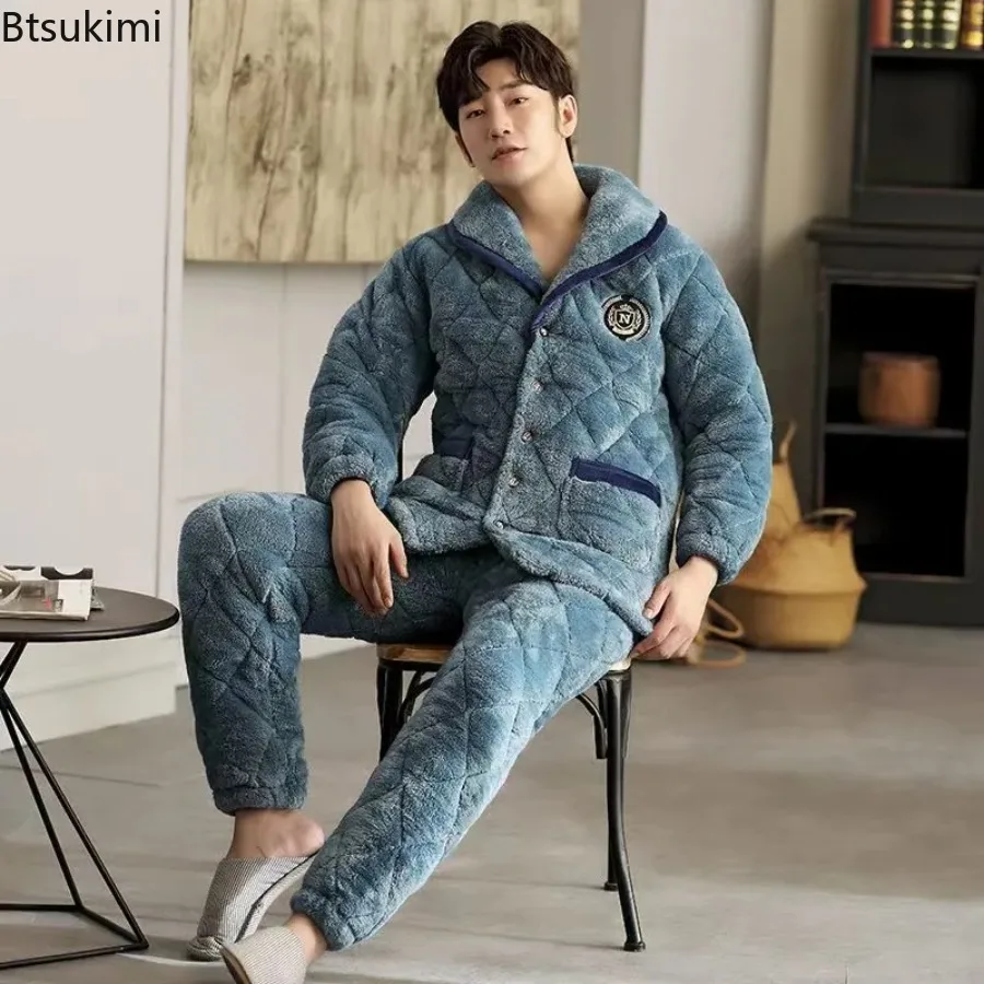 2026 Men's Three-layer Thick Coral Fleece Filled Pajamas Autumn and Winter Home Wear with Cotton Lining Flannel Pajamas for Men
