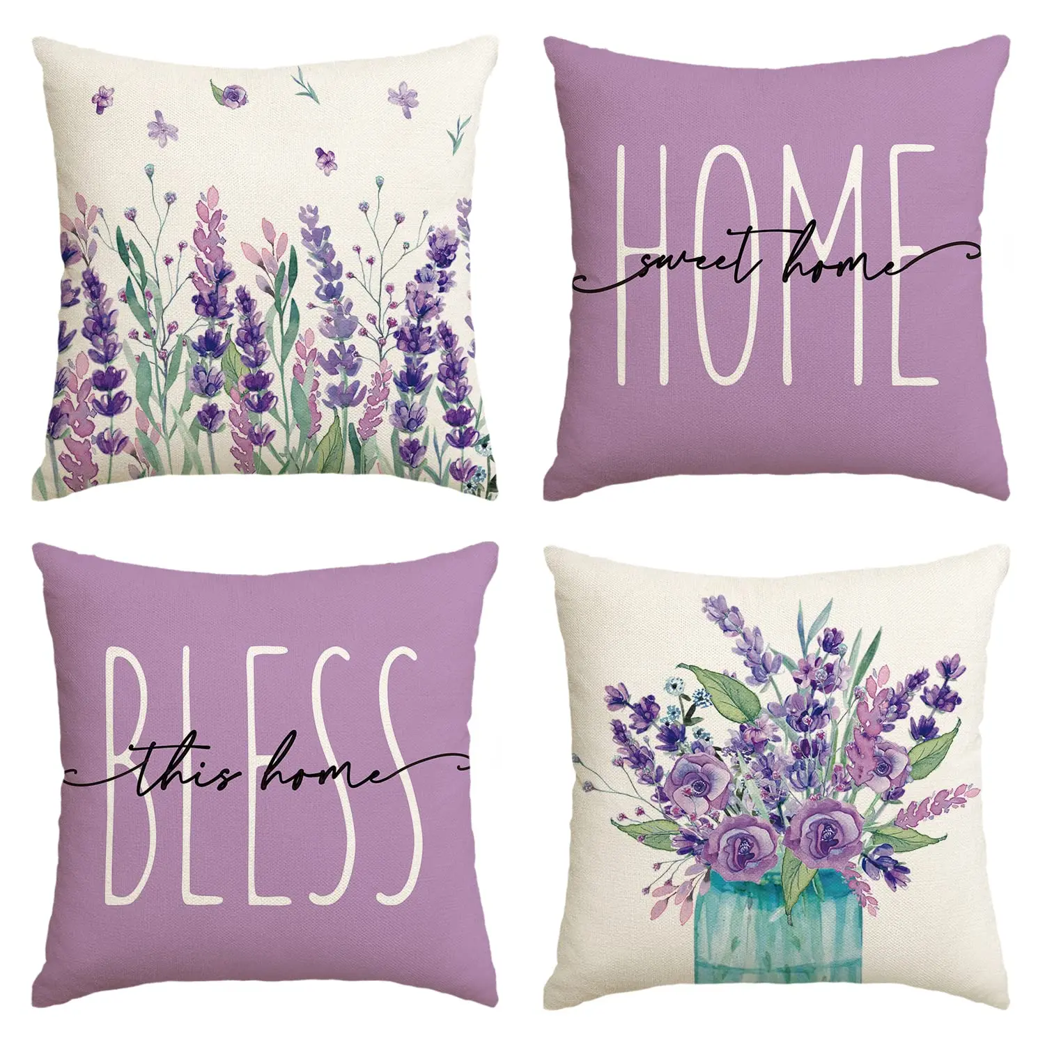 

Home Sweet Home Eucalyptus Lavender Leaves Throw Pillow Covers, Spring Summer Seasonal Decorations for Couch and Sofa, Set of 4