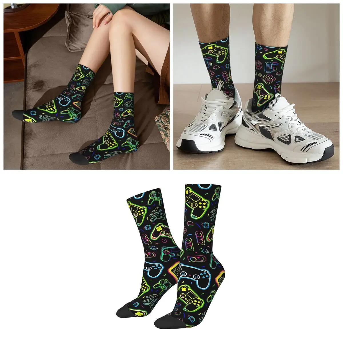 Gaming Machine Neon Colorful Pattern Socks Harajuku Super Soft Stockings All Season Long Socks for Unisex Valentine's Day Gifts