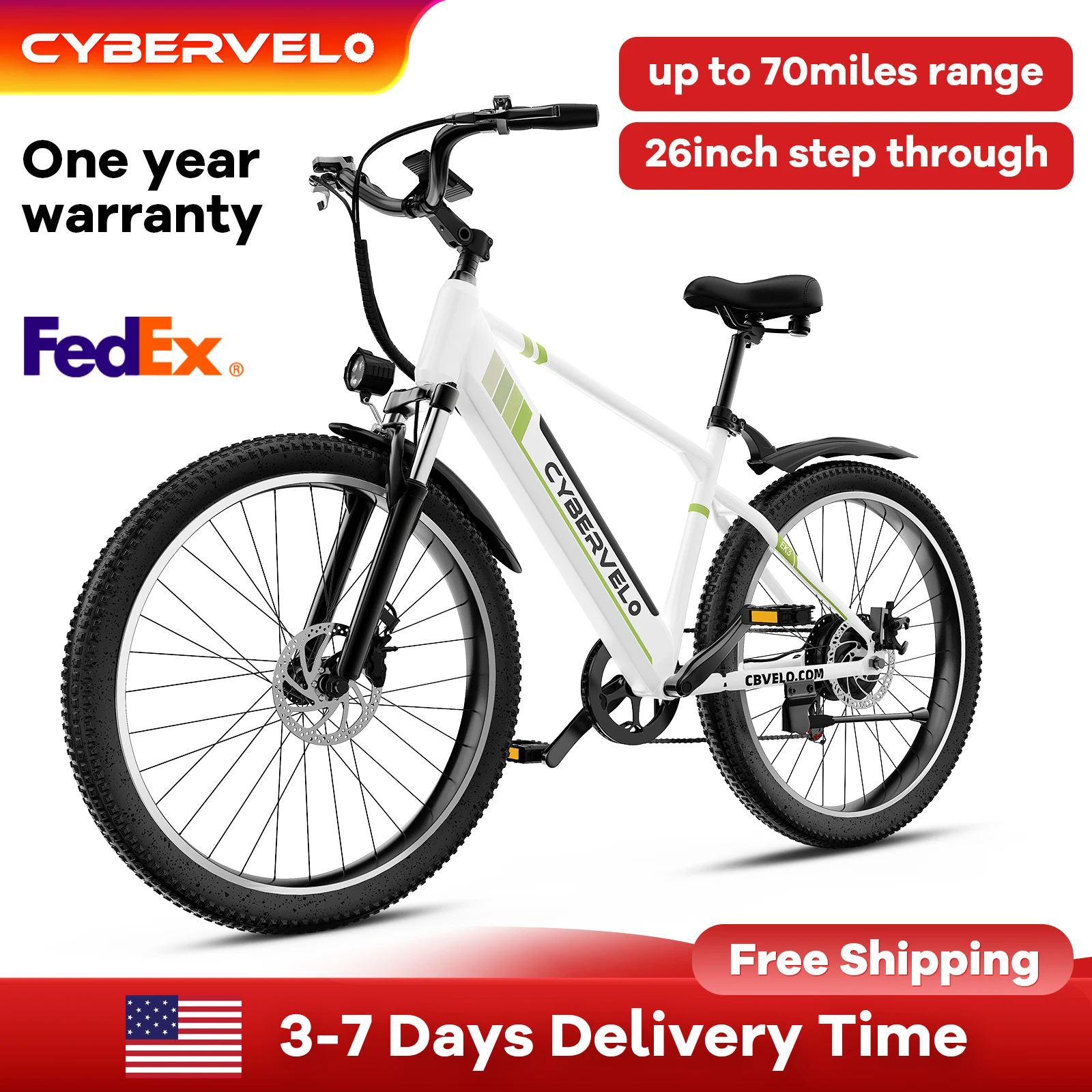 

1000W Peak 26"x1.95" City Commuter Electric Bike, 7-Speed Shift with 48V Built-in Battery, Urban Daily Travel Ebike for Adults Cybervelo EK3