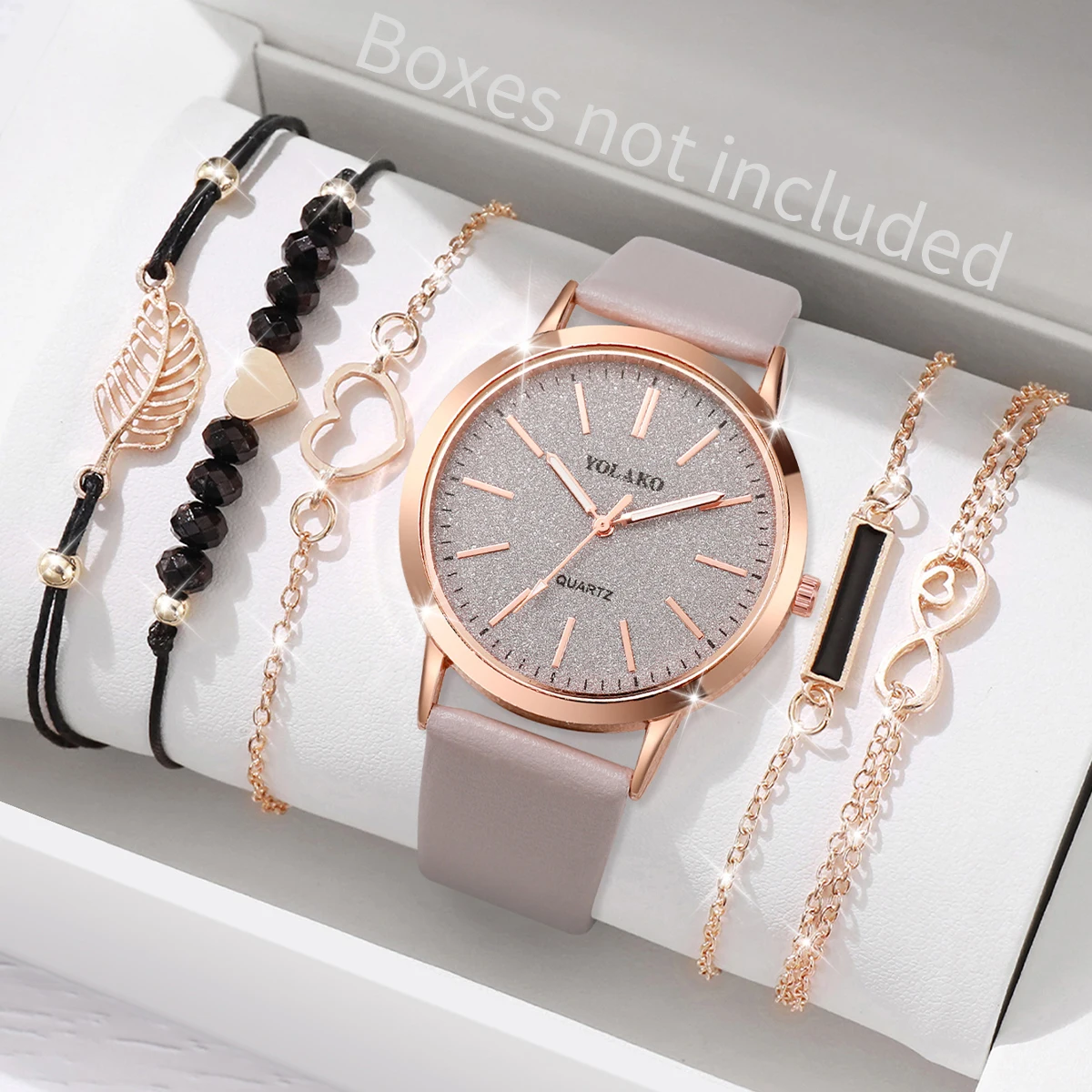 6PCS/Set Fashion Starry Sky Women Watches Heart Leaf Bracelets Set Casual Leather Band Ladies Quartz Wrist Watch（Without Box）