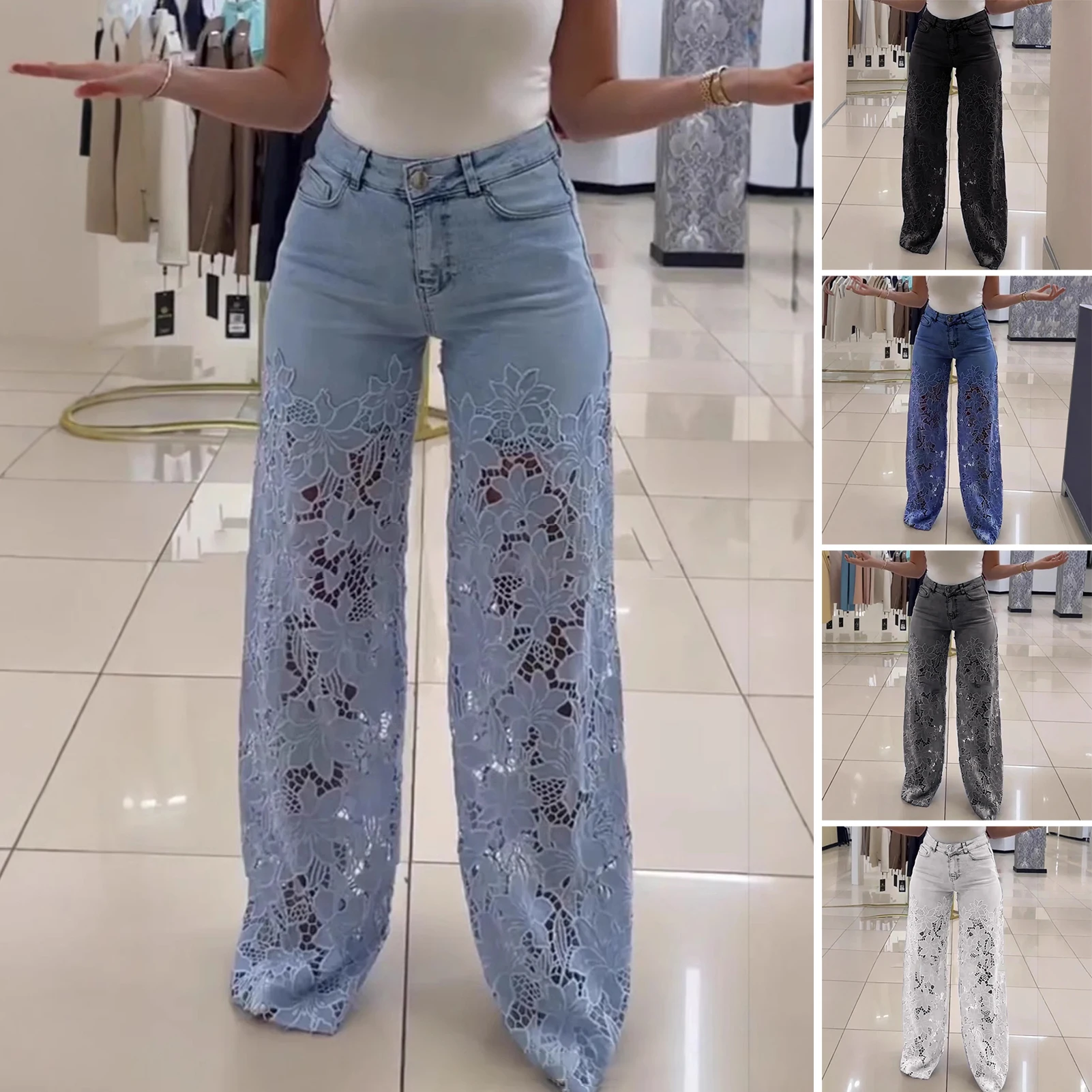 Women Y2k Hollow Out Flower Jean Pants Loose Zipper Pocket Button Straight Leg Trousers 2025 Summer Elagant Street Lady Outwear
