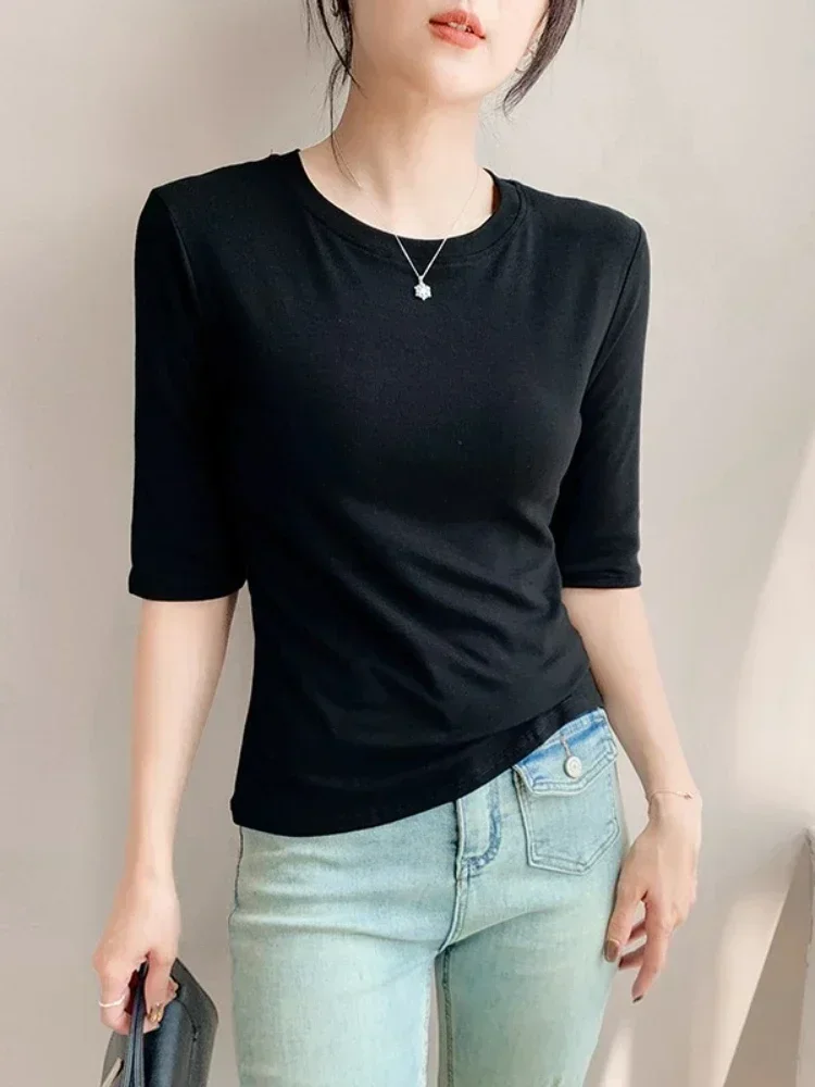 2025 الأساسية قمة صلب قصيرة الأكمام Crewneck نحيل تي شيرت الصيف عادية المحملة للنساء y2k خمر Harajuku الشارع الشهير