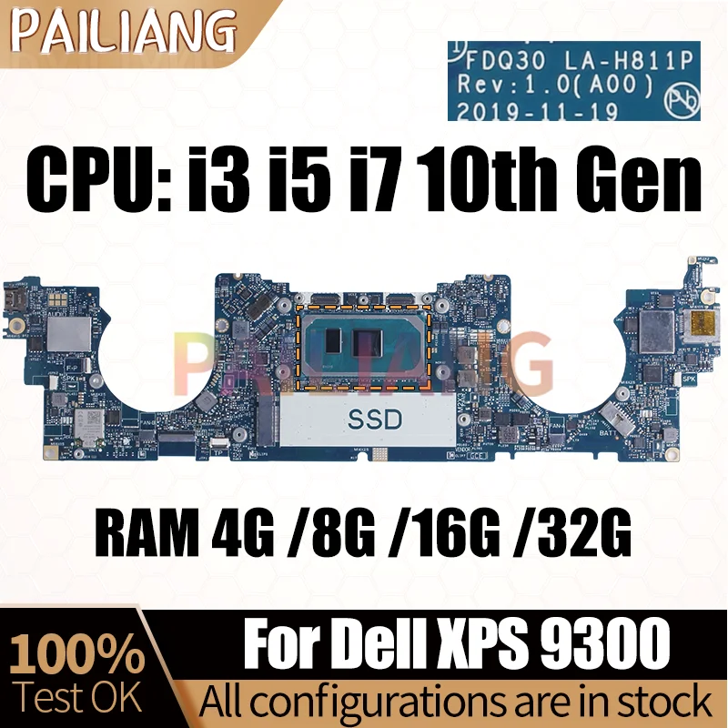 For Dell XPS 9300 Notebook Mainboard  LA-H811P i3 i5 i7 RAM 4G/8G/16G/32G 049F09 0VN757 08M10C Laptop Motherboard  Full Tested