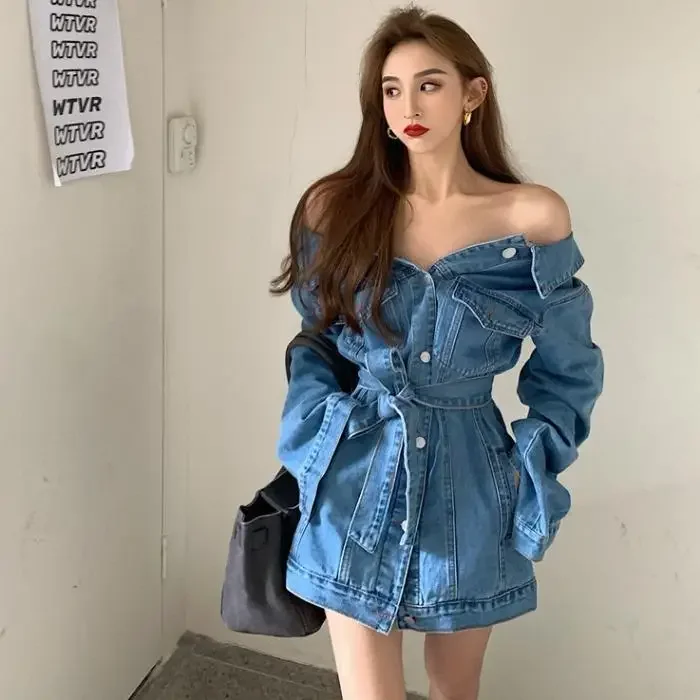 

Jackets For Women Sexy Off Shoulder Slim Waist Denim Jacket 2024 Korean Fashion Casual Tops Vintage Casual Coat Woman