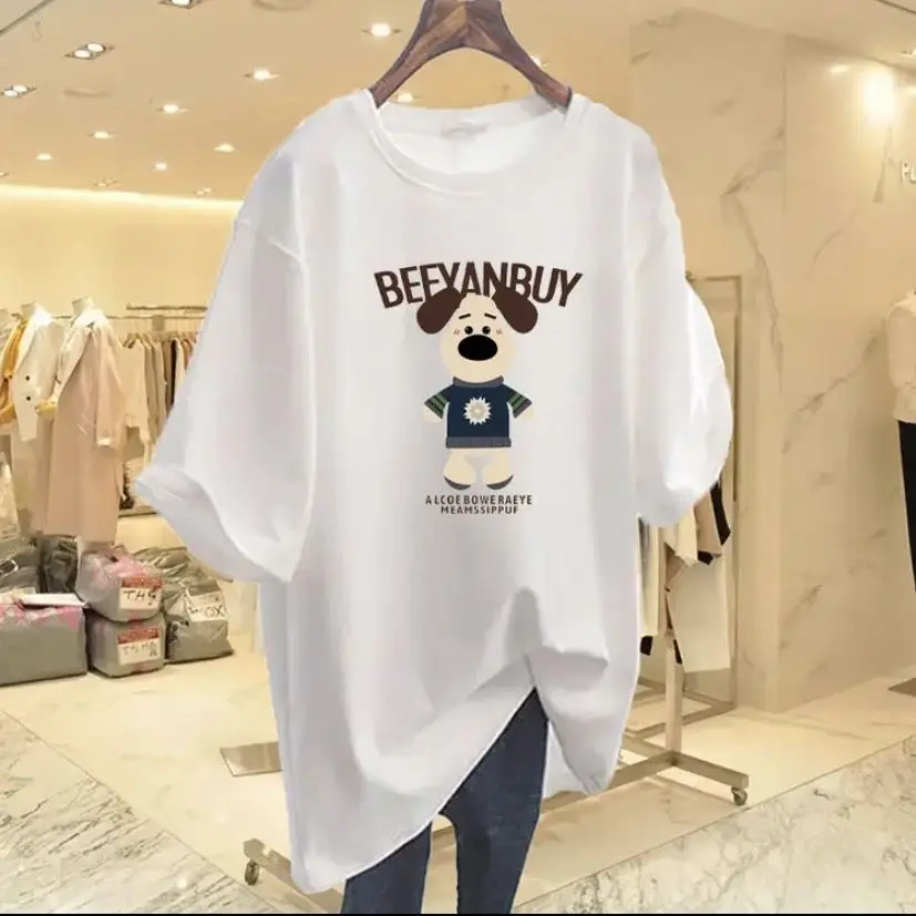 Lady Clothing Basics Loose Tops Summer Pure Cotton O-neck Short Sleeve M-6XL T-shirt Women Letter Cartoon Chic Printed Pullover