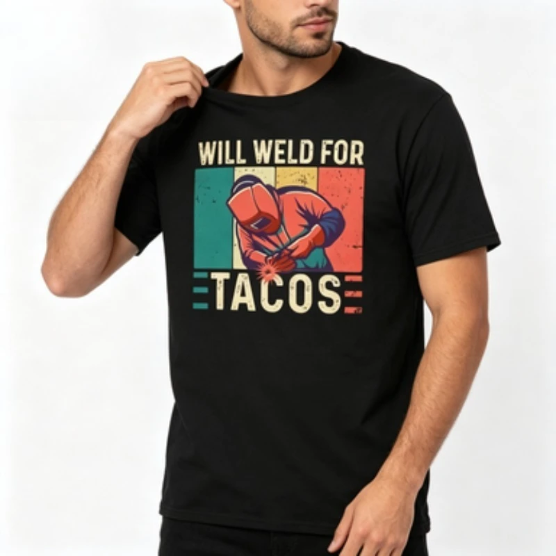 Male Casual Tee, Will Weld For Tacos Vintage Color‑block Welder Pattern Print Classic Round‑neck Short‑sleeve Work‑style T‑shirt