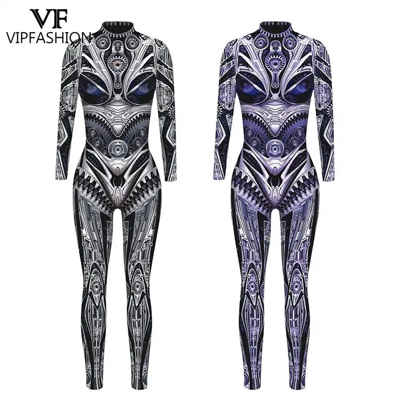 VIP FASHION Halloween Costumes For Woman Retro Robot Punk Style Jumpsuit Catsuit Cosplay Costumes Punk Zentai Bodysuit