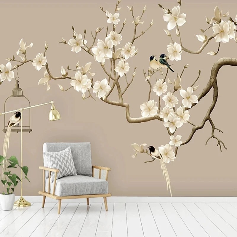 

Customized Photo Wallpaper Hand-painted Flower Bird Figure Magnolia Flower Mural Study Living room TV background bedroom 8d tree