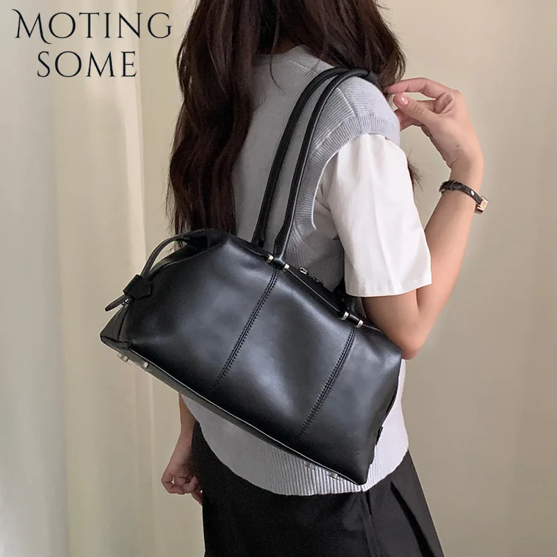 

Motingsome Boston Bag Luxury Cowhide Leather Big Tote Woman 2025 New in Handbag First-layer Genuine Skin Shoulder Bowling Bag
