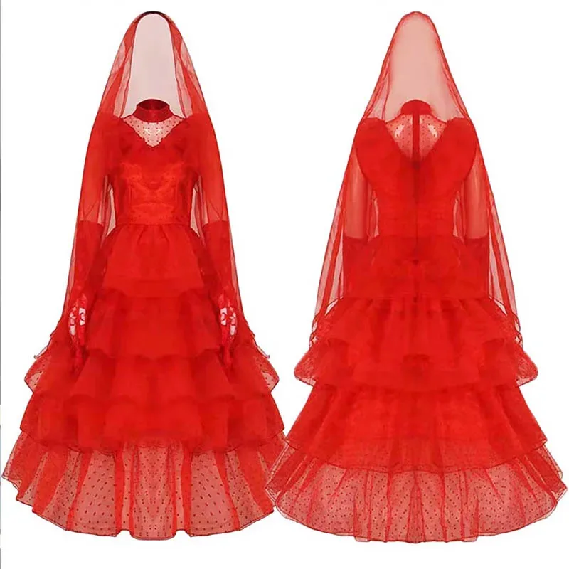 

Lydia Deetz Costume with Gloves Scarf Lydia Women Wedding Dress Gothic Red Gown Halloween Outfits with Veil Beetle Bride Cosplay