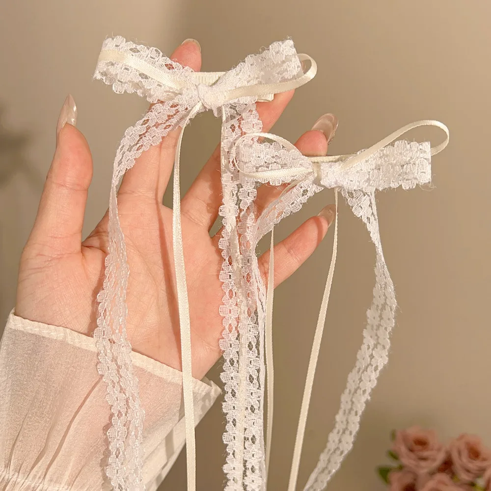 Mode Y2K Spitze Creme Weiß Schleife Band Haarspange für Frauen Haarnadeln Bullet Style Side Shredded Haarnadel Kopfschmuck Clip Kopfbedeckung – Detail 7