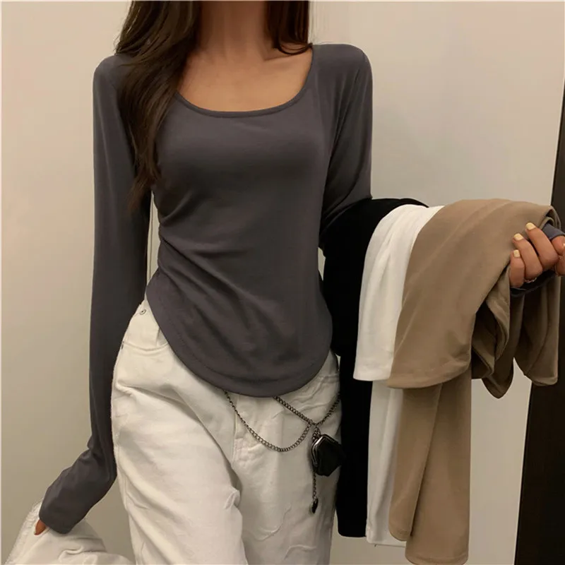 Square Neck Long Sleeve T-Shirt Women Spring Autumn New Irregular Hem Slim Casual Top Autumn Solid Bottom Shirts New Korean