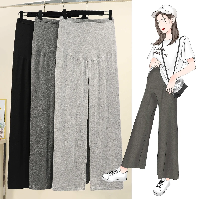 Pantalones finos de algodón para mujeres embarazadas, pantalón de pierna ancha, suelto, maternidad, Abdomen, cintura alta, largo completo, Verano