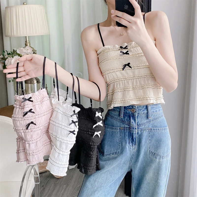 Summer Women's Sweet Bow Ruffled Pleated Sleeveless Slim Camisole With Chest Pad