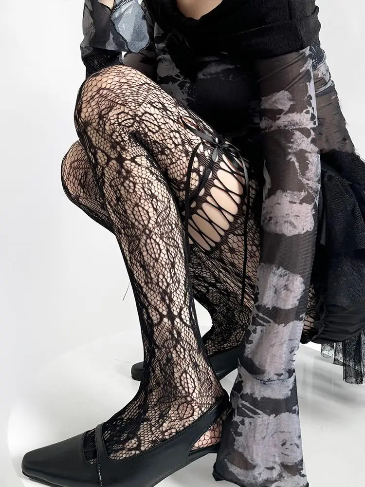

Сексуальные женские ажурные кружевные чулки с цветочной вышивкой, колготки с черным ремешком и бантом JK, униформа Harajuku Y2K, вечерние чулки для косплея