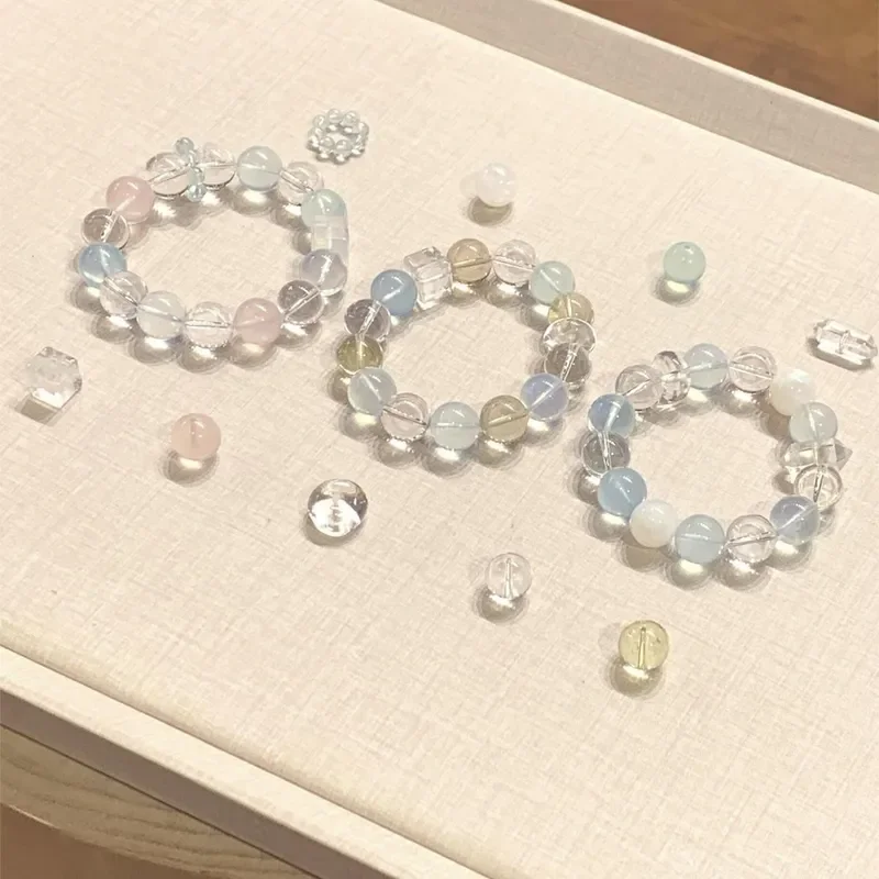 [Sea Salt Ice Mist] Natural High Transparency White Crystal Aquamarine Pink Crystal Bracelet Summer Clear Duobao Bracelet