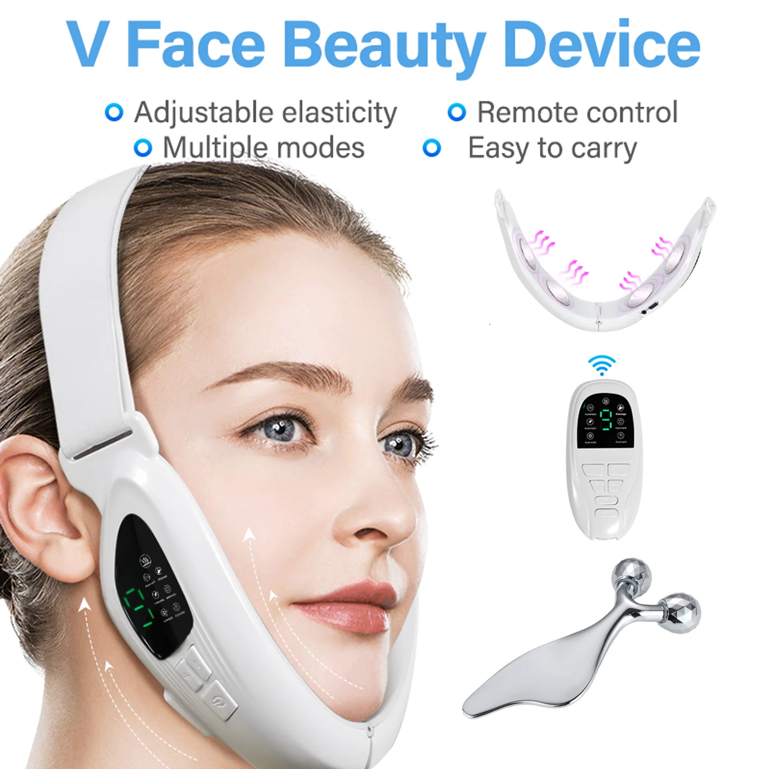 Removedor de Queixo Duplo V Face e Ferramenta de Massagem Gua Sha, Dispositivo Elétrico de Beleza para Lifting e Firmamento da Pele do Rosto, Redutor de Queixo Duplo