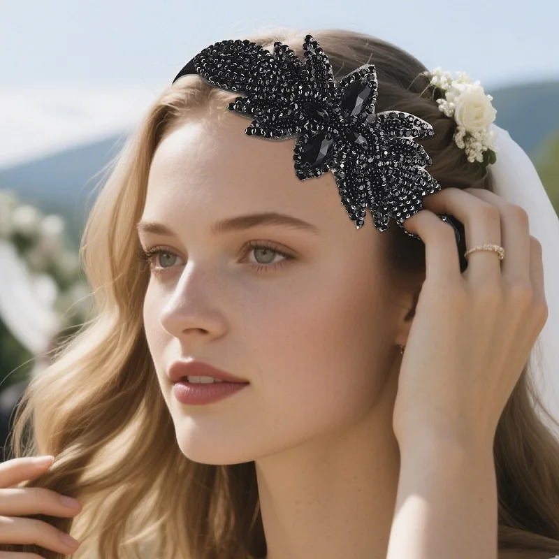 Miallo Vintage 1920s Great Gatsby Black Rhinestone Headband Elegant Black Crystal Flapper Headpiece for Gothic Wedding Prom Part