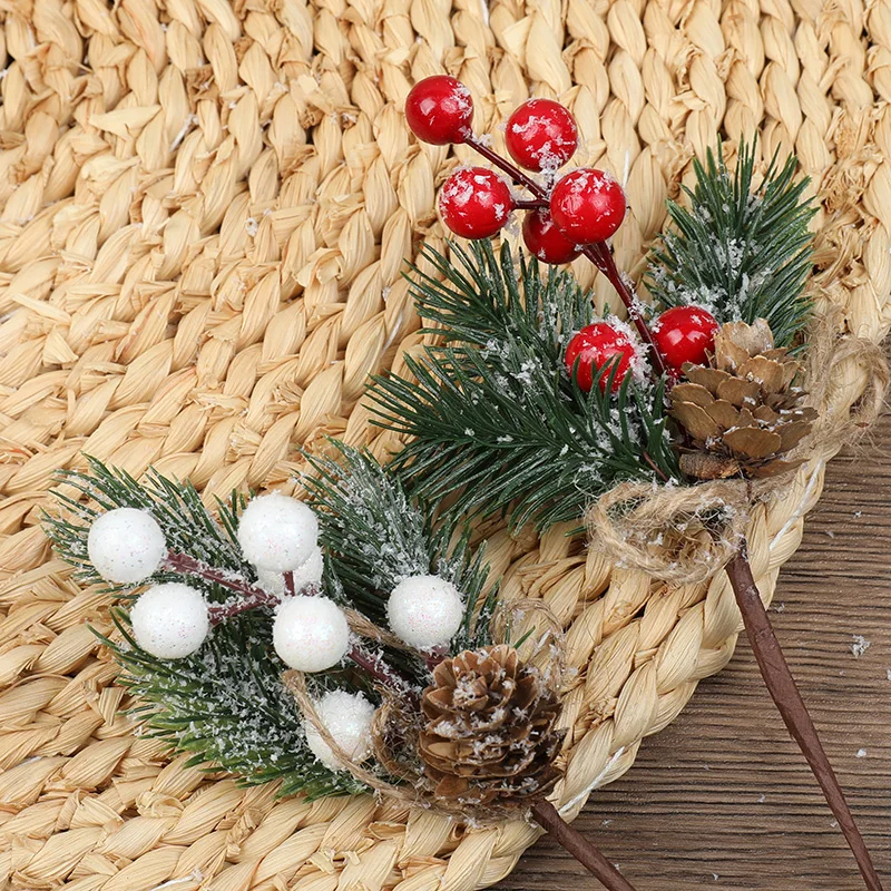 

5pcs Artificial Plastic Pine Branches Frost Red White Berries Real Pine Cones DIY Wreath Autumn Winter Weddings Xmas Home Decor