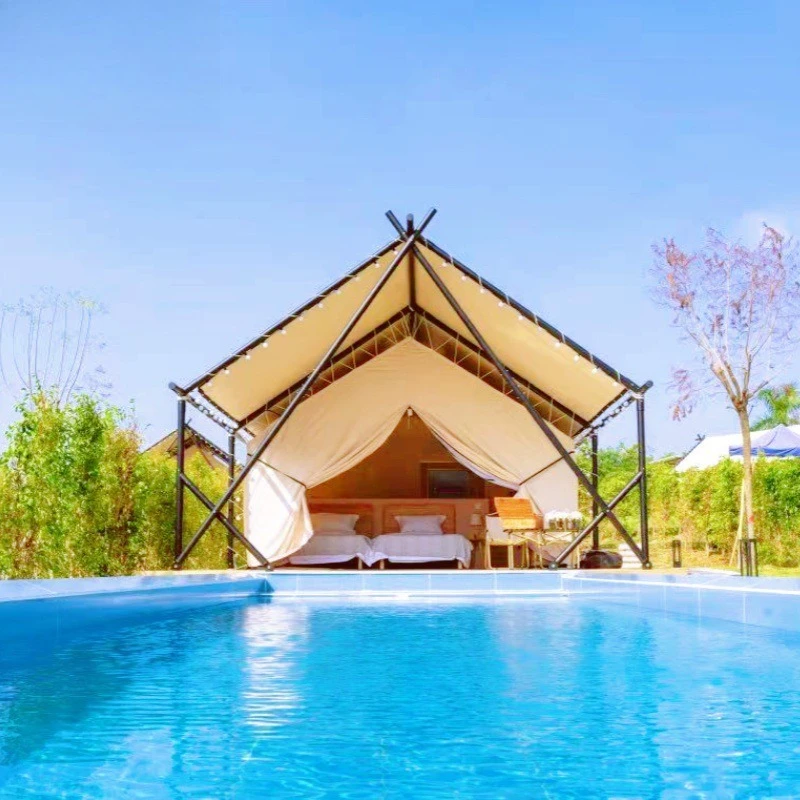

Outdoor Solid Wood Camp Tent Herringbone Camping Tent Hotel Beach Country House Nomadic Roof Tent