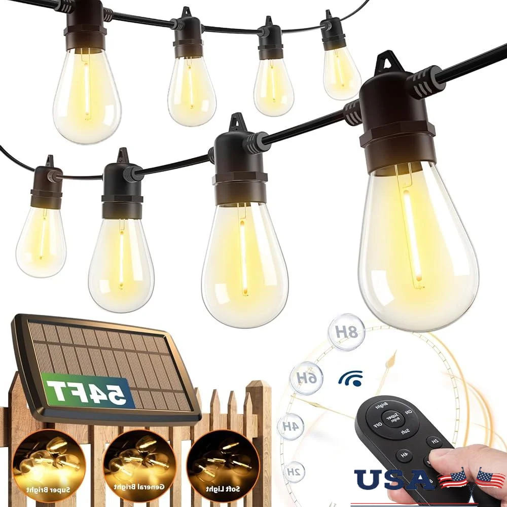 

Solar String Lights Outdoor Waterproof Remote Control Dimmable USB Charging 26 LED Bulbs Timer Energy Efficient Garden Patio