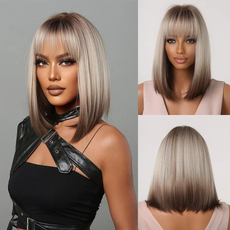 Cosplay-style for women with bangs, gradient gray short hair, bobo synthetic fiber full head wig