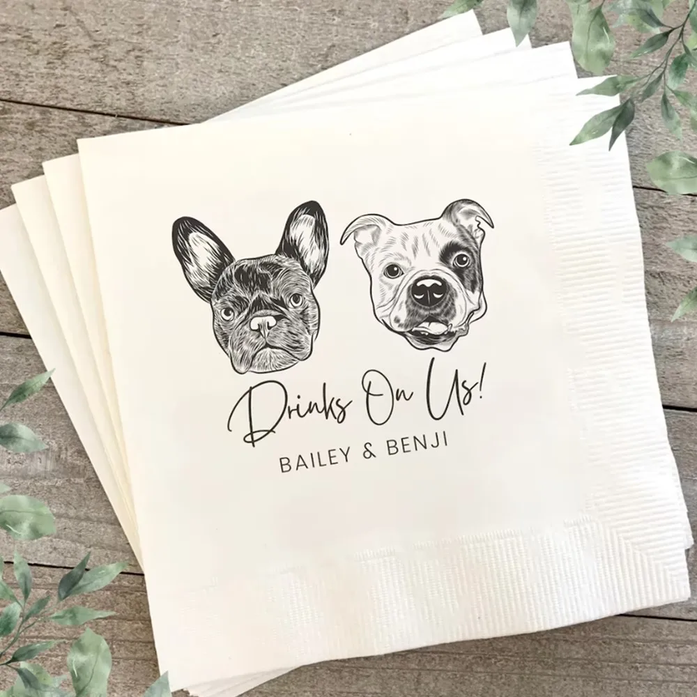 25pcs Custom Pet Cocktail Napkins, Dog Wedding Napkins,  Customized Pet Napkins, Custom Pet Portrait Wedding Napkins