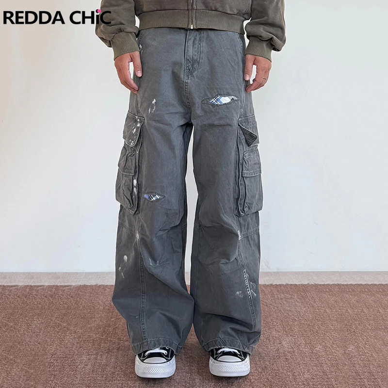 

REDDACHIC Plaid Patched Baggy Cargo Jeans Fall Winter Vintage Washed Pockets Straight Wide Leg Pants Hip Hop Lounge Streetwear