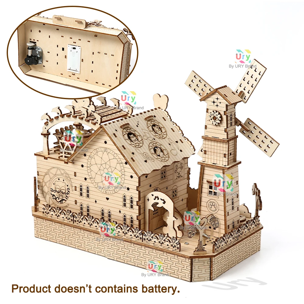 回転式DIY 3D木製オルゴールパズル 電動動物園動物小屋ハウスモデル メカニカルキット 装飾玩具 子供向けギフト