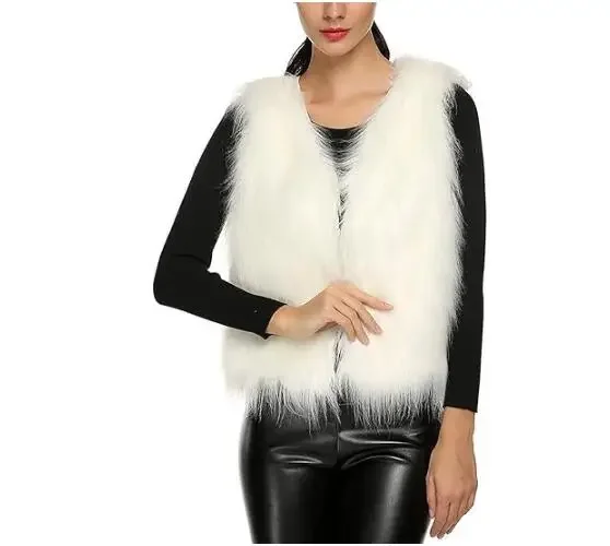 Women Fluffy Jacket Sleeveless Vest Short Faux-Fox Fur Coats Korea V Neck Casual Black Outwear Female Thick Warm Plush Overcoat