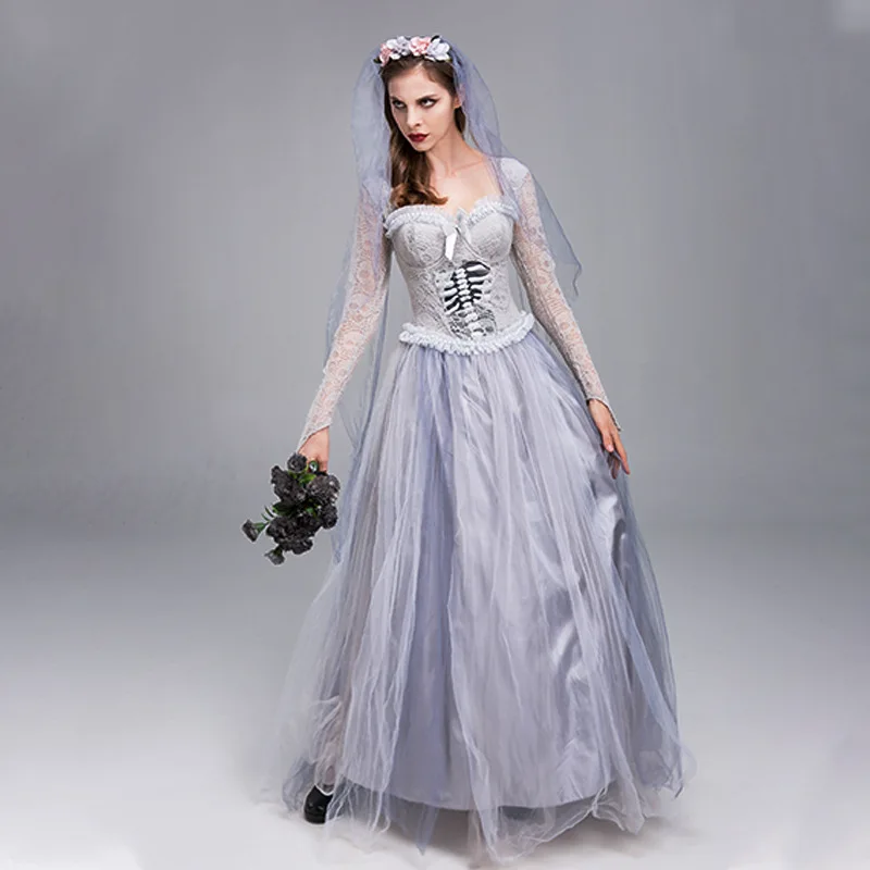 السيدات شبح العروس هالوين ازياء النساء تأثيري الملابس جثة العروس مشد اللباس والحجاب كرنفال الزي سيدة الموضة ضئيلة