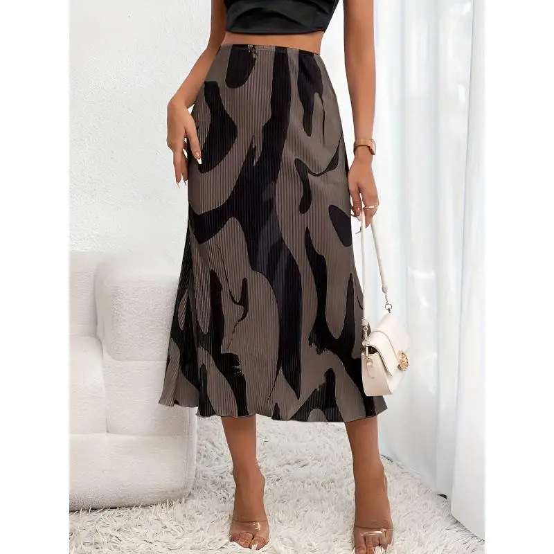 Vintage Print Midi Skirt Floral Batwing Shape mid Waist Design Other Material Denim Fabric Cross-Border Women's Skirt