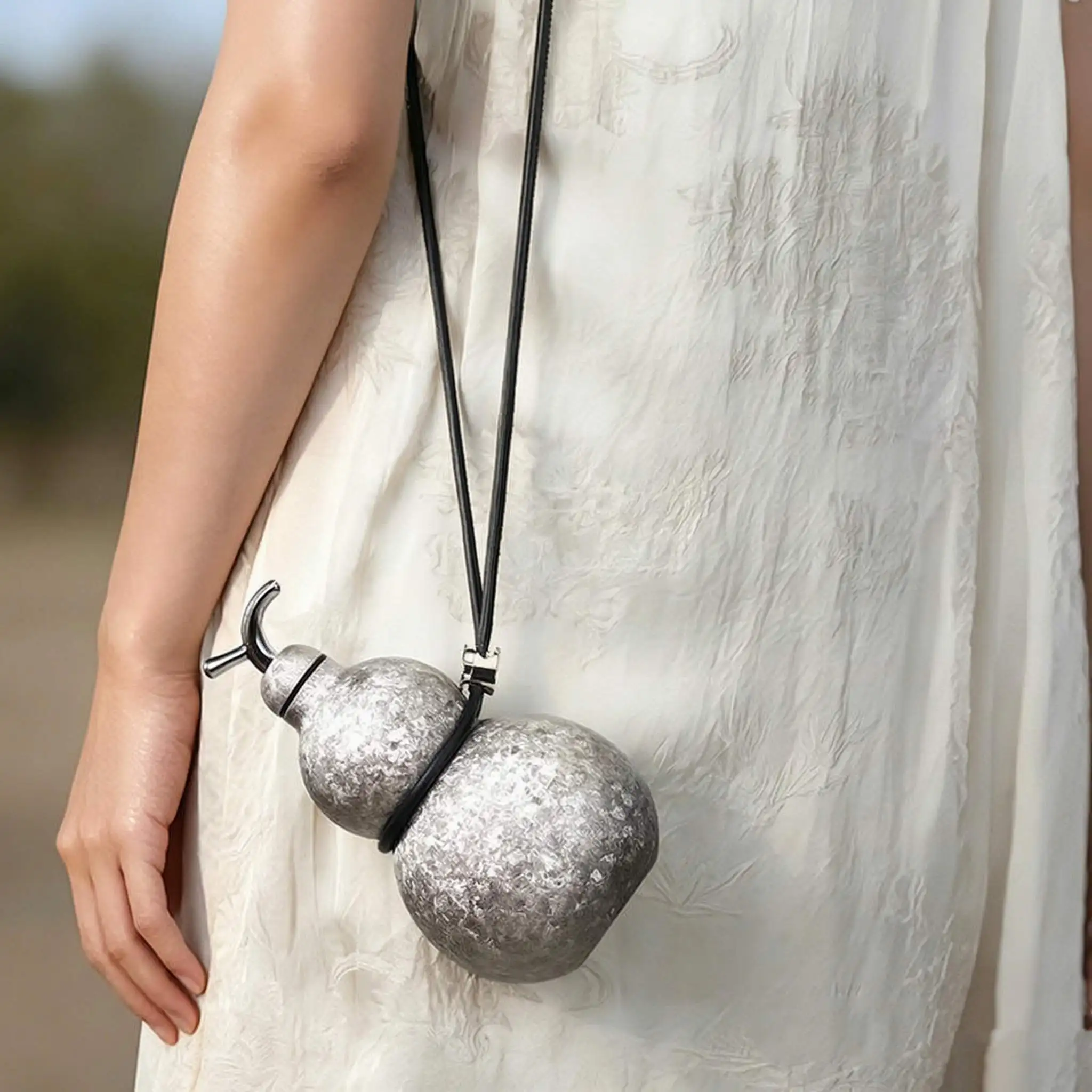 Titanium Gourd Water Bottle 500ml Ice Flower Finish Reusable Metal Cup with Lanyard for Travel & Camping