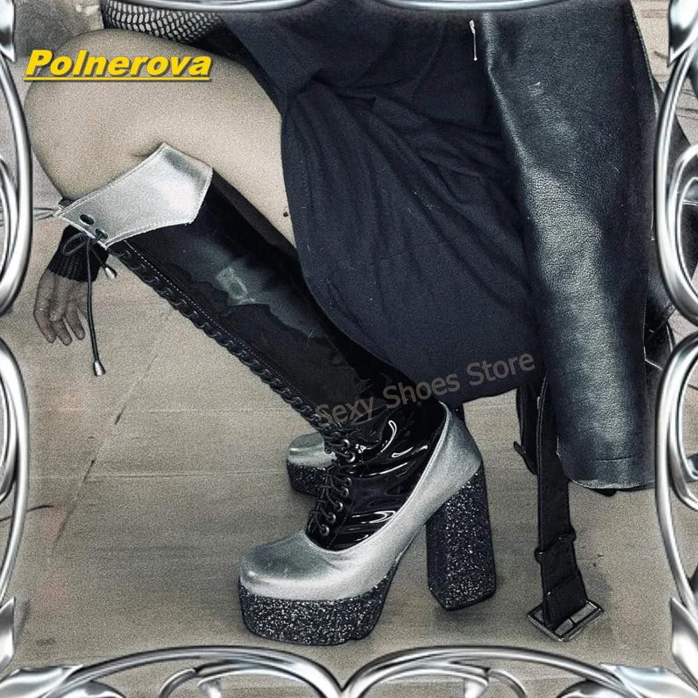 Edgy Disco Rock Women Silver Glitter Platform Knee High Boots Lace Up Side Zipper Round Toe Chunky Heel Fashion Boots 2026 Trend
