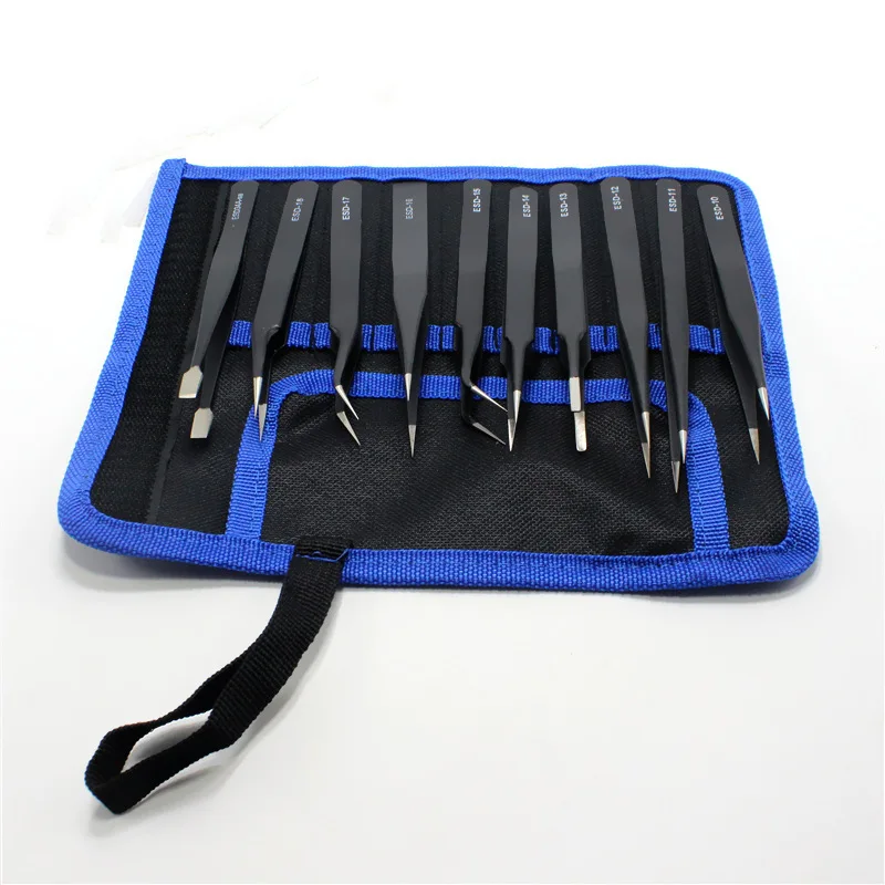 Canvas Pouch Stainless Steel Antistatic Tweezer Set Pointed Elbow Electronic Repair Tool Bag Tool Organizer Tool Storage