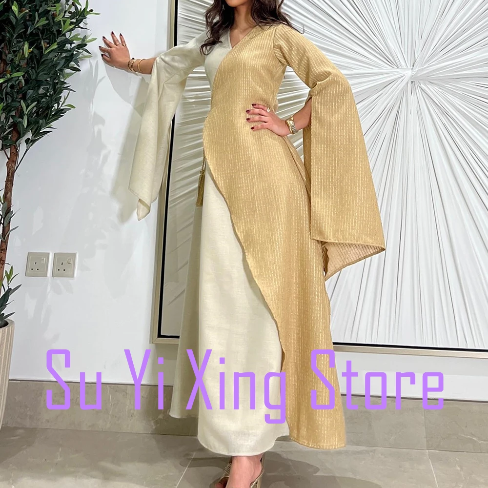 Customized Modern Off the Shoulder Chiffon Evening Dresses Temperament A-Line Ankle Length V-Neck Long Sleeves فساتين سهره نسائي image 4