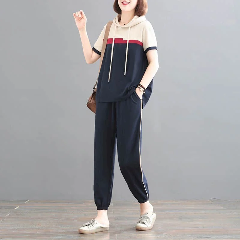 Pants Set Large Size Korean Style Loose Short Sleeve Hooded Tracksuit T-shirt and Blue Harem Pants Two Piece Set Women Outfits