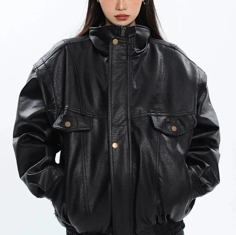 Vintage Leather Jacket Men Pversized Women Moto Biker Coat Spring Windbreaker Korean Style PU Loose Aviator Jacket Unisex